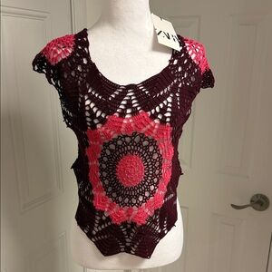 Zara NWT small Crochet Top - Pink and Burgundy
